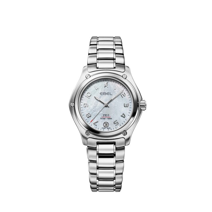 montre Ebel avec un boîtier en acier, un cadran nacre et un diamètre de 34 mm