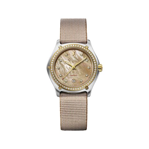Ebel horloge met een kast in geel goud op staal, met een wijzerplaat in het parelmoer met  briljant en een diameter van 34 mm