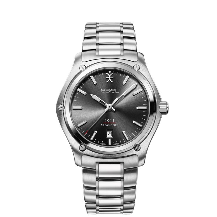 montre Ebel avec un boîtier en acier, un cadran gris et un diamètre de 42