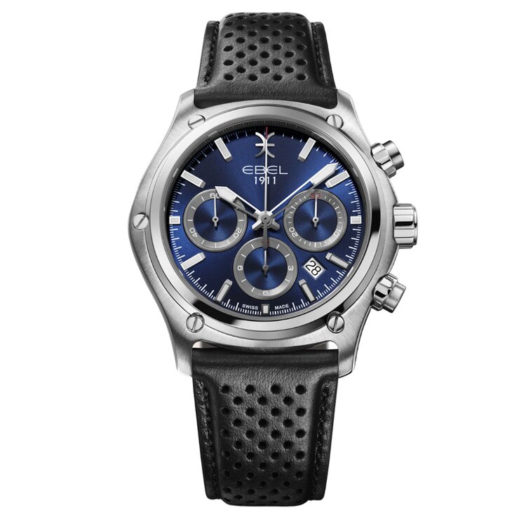 Ebel horloge met een kast in staal, met een wijzerplaat in het blauw en een diameter van 44