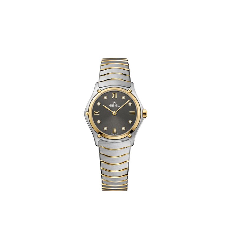 montre Ebel avec un boîtier en or jaune sur acier, un cadran gris avec brillant et un diamètre de 29 mm