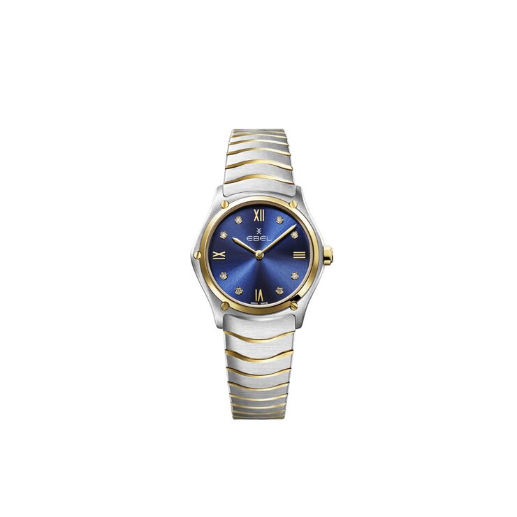 Ebel horloge met een kast in staal, met een wijzerplaat in het blauw met briljant en een diameter van 29