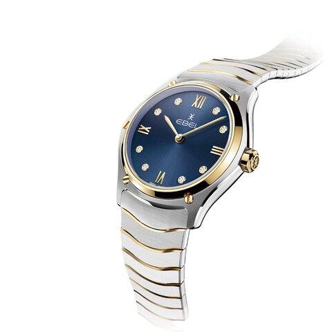 Ebel horloge met een kast in geel goud op staal, met een wijzerplaat in het blauw met briljant en een diameter van 29 mm
