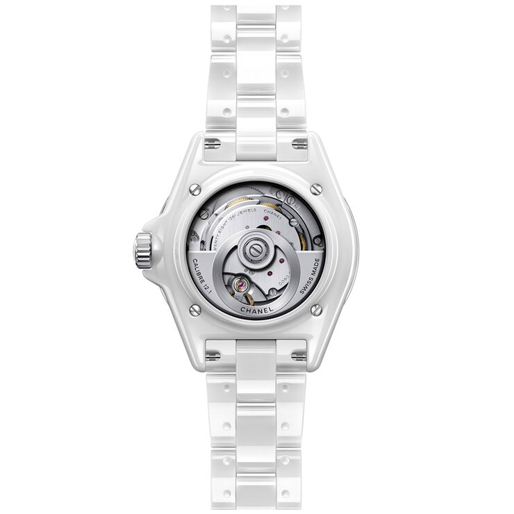 montre CHANEL avec un boîtier en céramique, un cadran blanc et un diamètre de 38