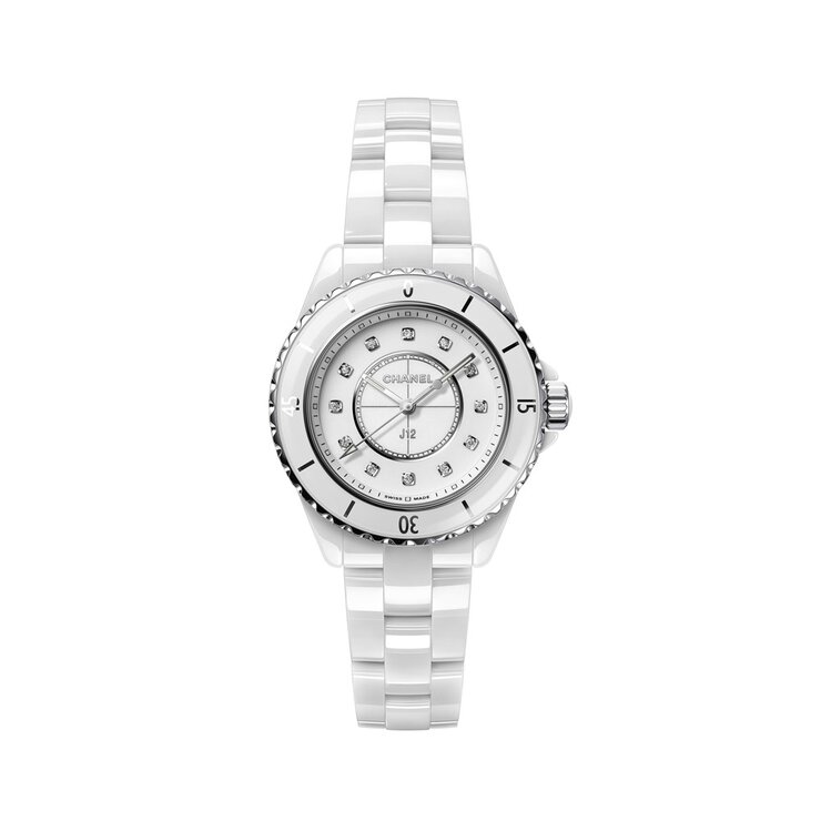 CHANEL horloge met een kast in keramiek, met een wijzerplaat in het wit met  briljant en een diameter van 33