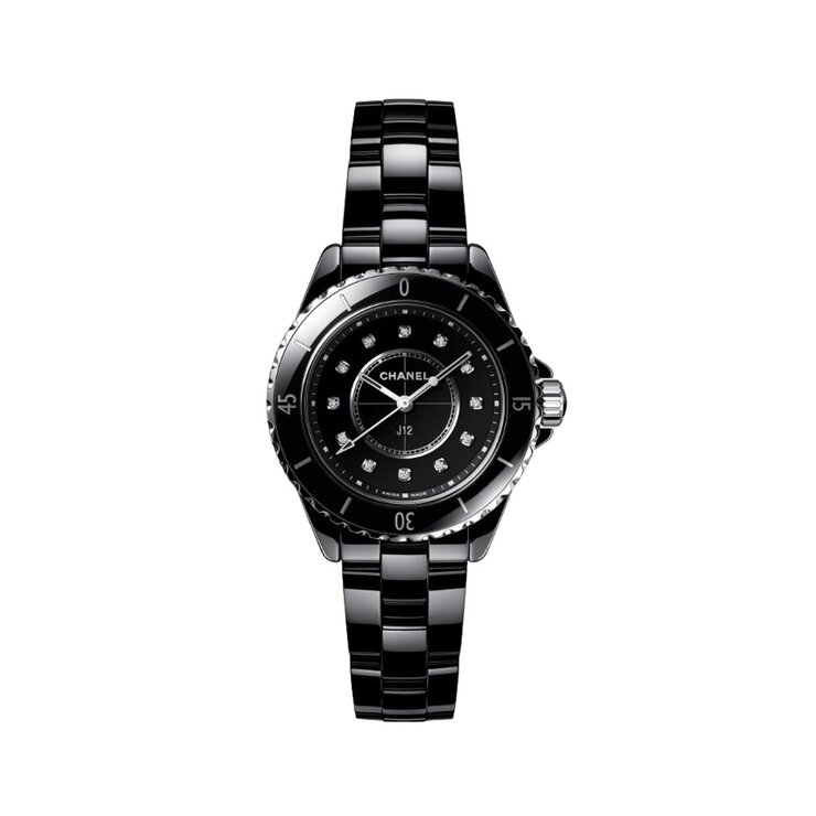 CHANEL horloge met een kast in keramiek, met een wijzerplaat in het zwart met briljant en een diameter van 33