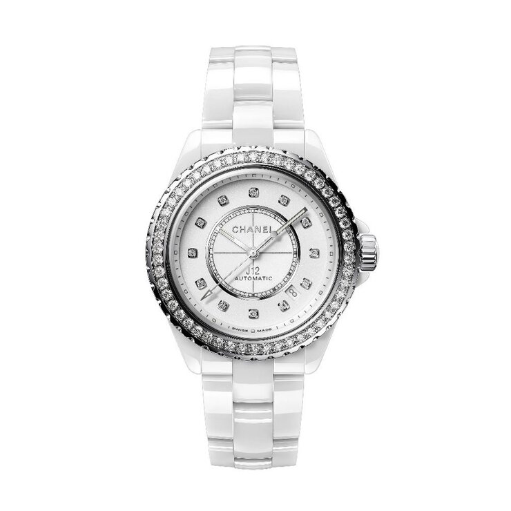 CHANEL horloge met een kast in keramiek, met een wijzerplaat in het wit met  briljant en een diameter van 38