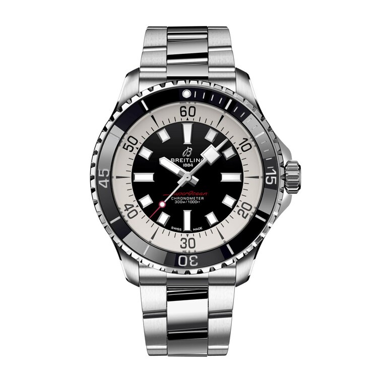 Breitling horloge met een kast in staal, met een wijzerplaat in het zwart en een diameter van 44