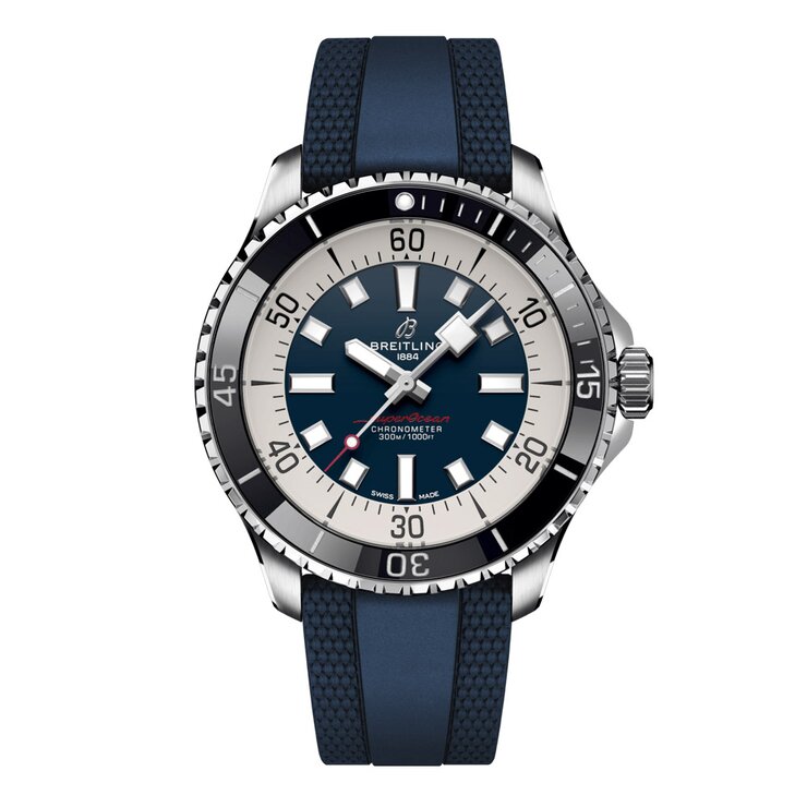 Breitling horloge met een kast in staal, met een wijzerplaat in het blauw en een diameter van 44