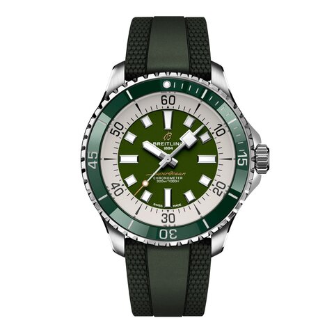Breitling horloge met een kast in staal, met een wijzerplaat in het groen en een diameter van 44 mm