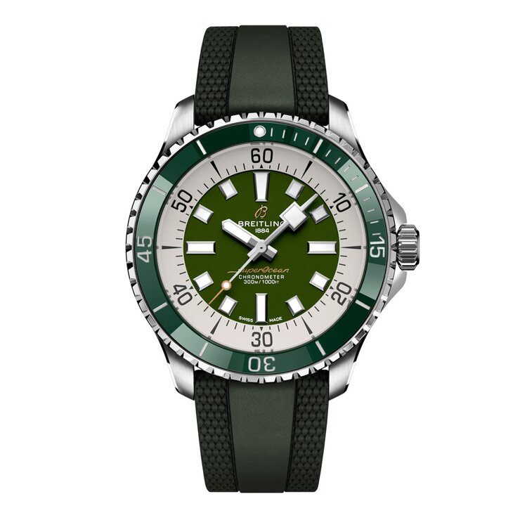 Breitling horloge met een kast in staal, met een wijzerplaat in het groen en een diameter van 44