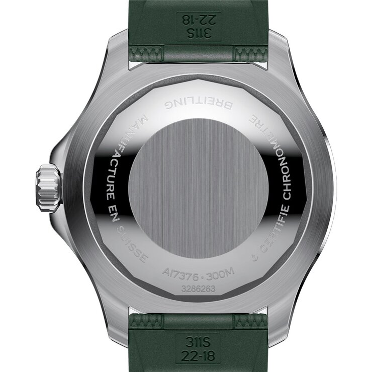 Breitling horloge met een kast in staal, met een wijzerplaat in het groen en een diameter van 44
