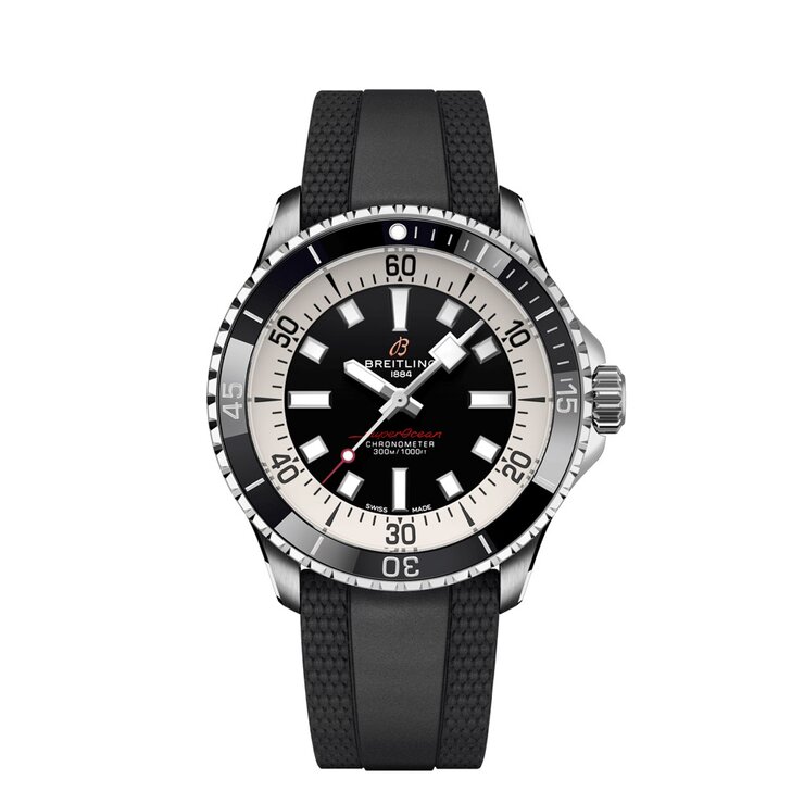 Breitling horloge met een kast in staal, met een wijzerplaat in het zwart en een diameter van 42