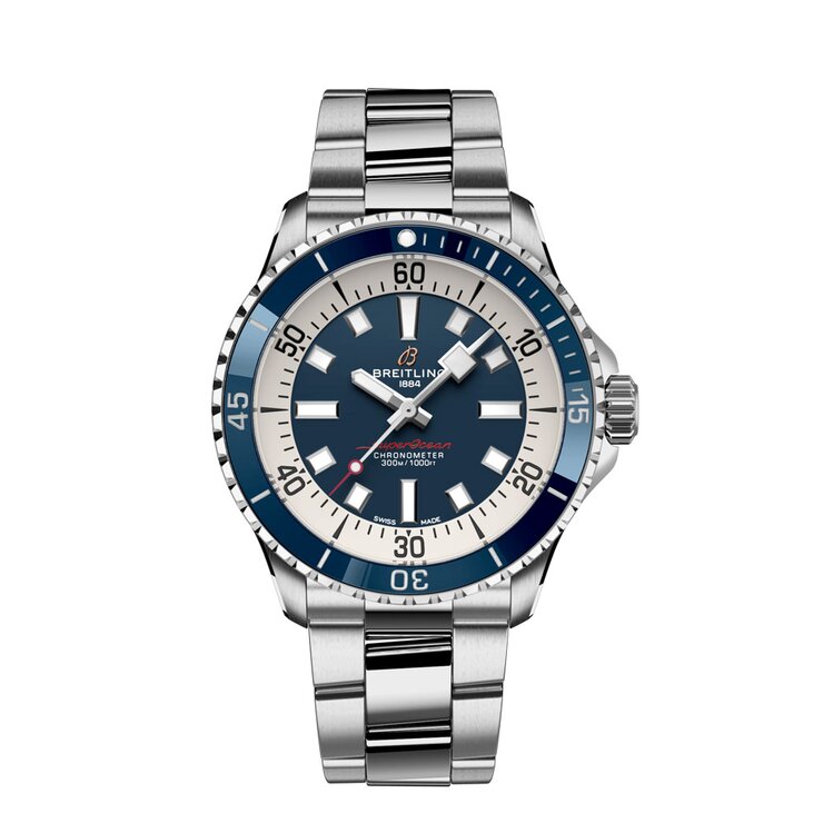 Breitling horloge met een kast in staal, met een wijzerplaat in het blauw en een diameter van 42