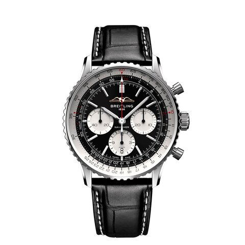 Breitling horloge met een kast in staal, met een wijzerplaat in het zwart en een diameter van 43 mm
