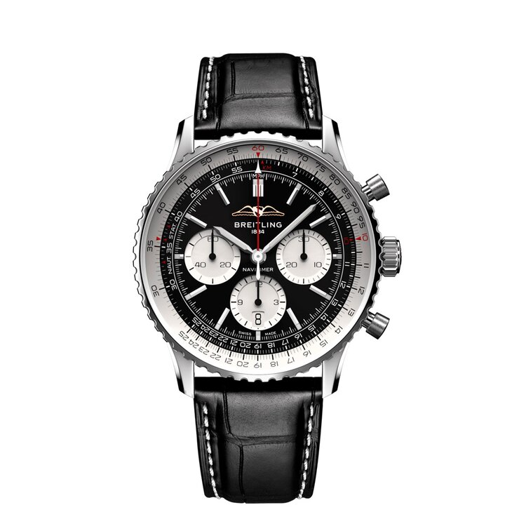 Breitling horloge met een kast in staal, met een wijzerplaat in het zwart en een diameter van 43 mm