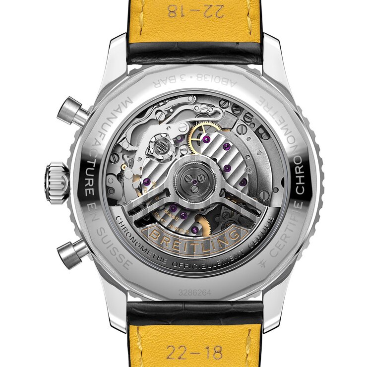 Breitling horloge met een kast in staal, met een wijzerplaat in het zwart en een diameter van 43