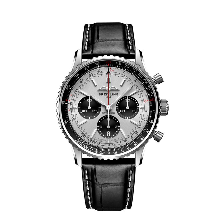 Breitling horloge met een kast in staal, met een wijzerplaat in het zilver en een diameter van 43