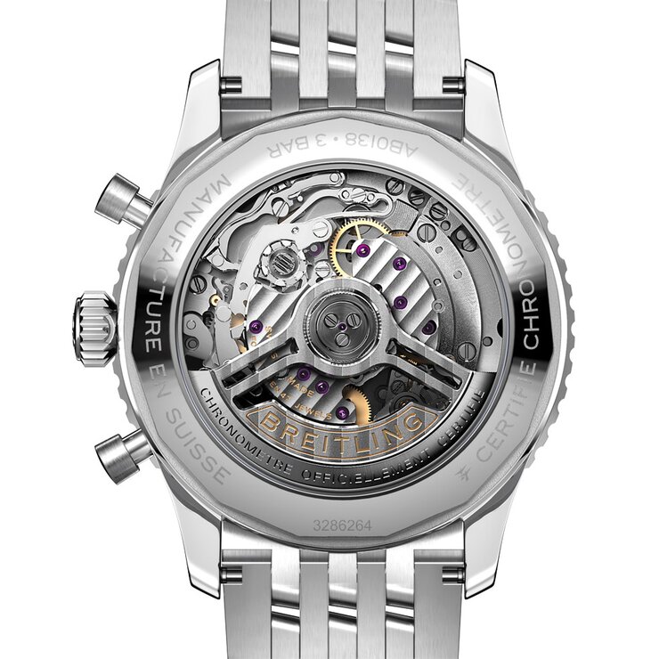Breitling horloge met een kast in staal, met een wijzerplaat in het blauw en een diameter van 43 mm