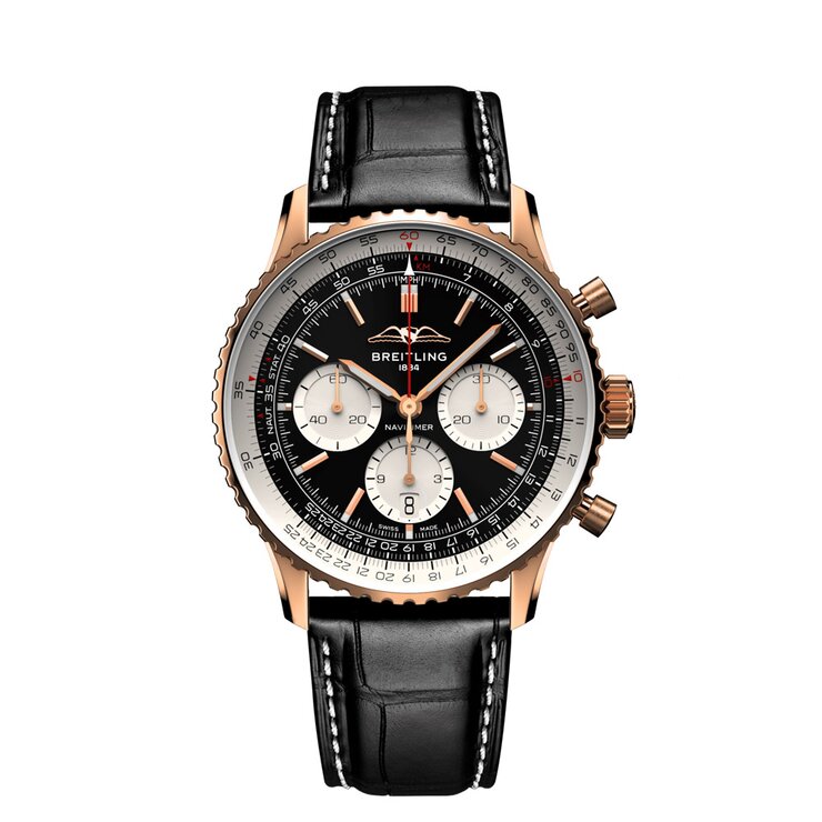 Breitling horloge met een kast in rosé goud, met een wijzerplaat in het zwart en een diameter van 43