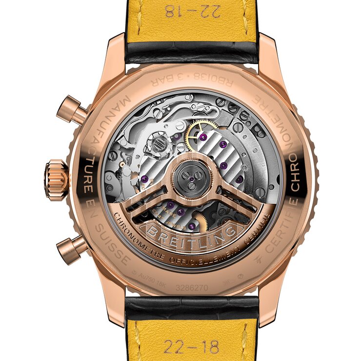 Breitling horloge met een kast in rosé goud, met een wijzerplaat in het zwart en een diameter van 43