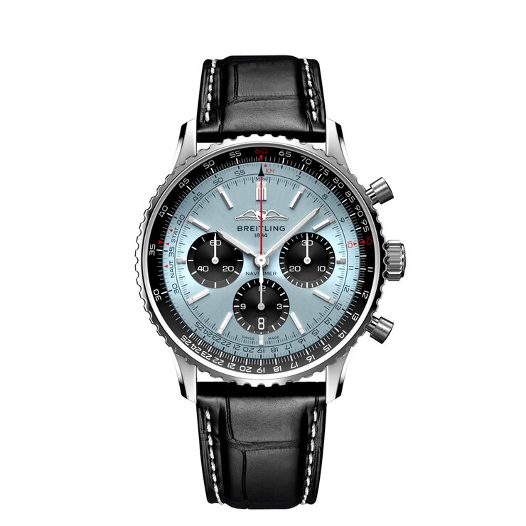 Breitling horloge met een kast in staal, met een wijzerplaat in het blauw en een diameter van 43