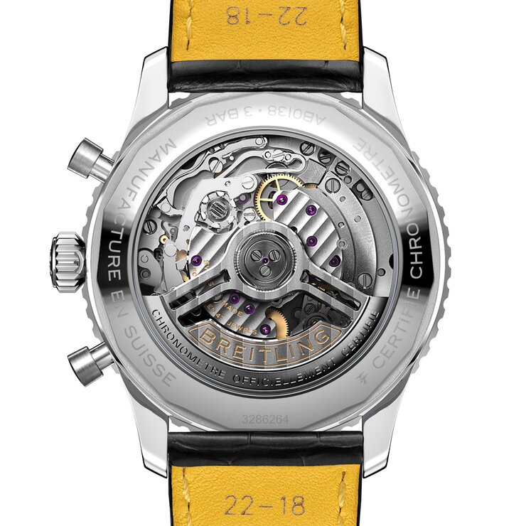 Breitling horloge met een kast in staal, met een wijzerplaat in het blauw en een diameter van 43
