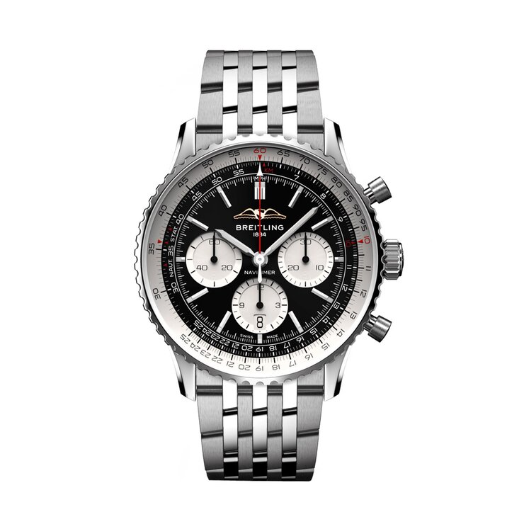 Breitling horloge met een kast in staal, met een wijzerplaat in het zwart en een diameter van 43