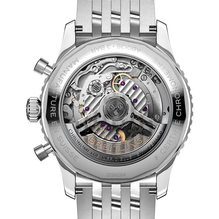 Breitling horloge met een kast in staal, met een wijzerplaat in het zwart en een diameter van 43