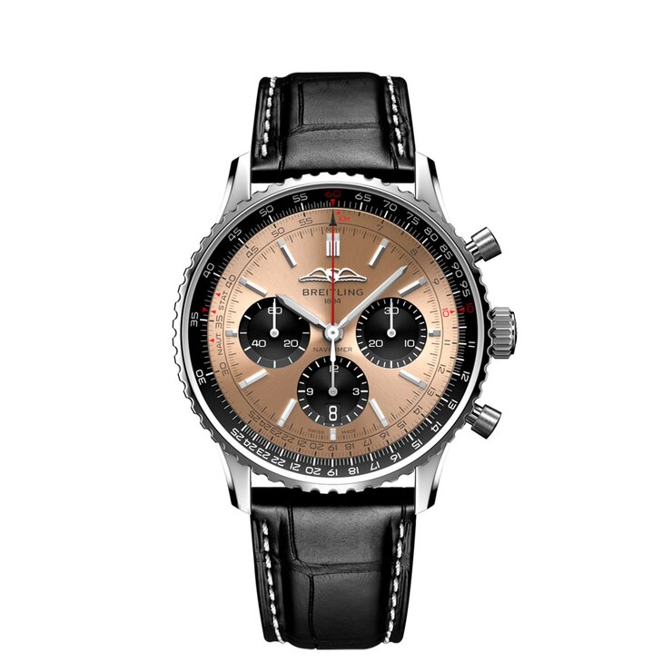 Breitling horloge met een kast in staal, met een wijzerplaat in het rosé en een diameter van 43