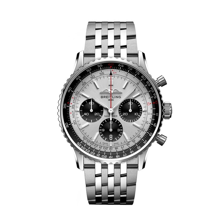 Breitling horloge met een kast in staal, met een wijzerplaat in het zilver en een diameter van 43