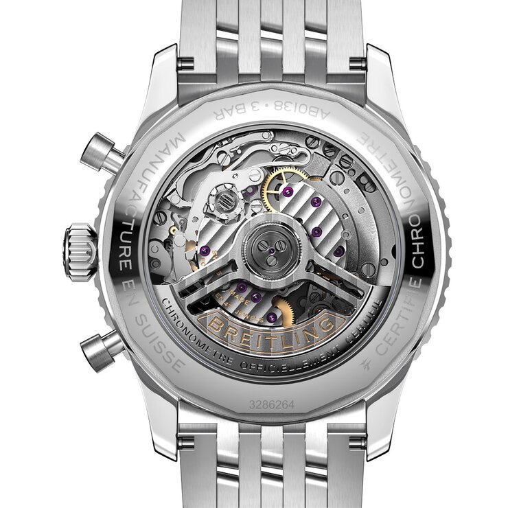 Breitling horloge met een kast in staal, met een wijzerplaat in het zilver en een diameter van 43