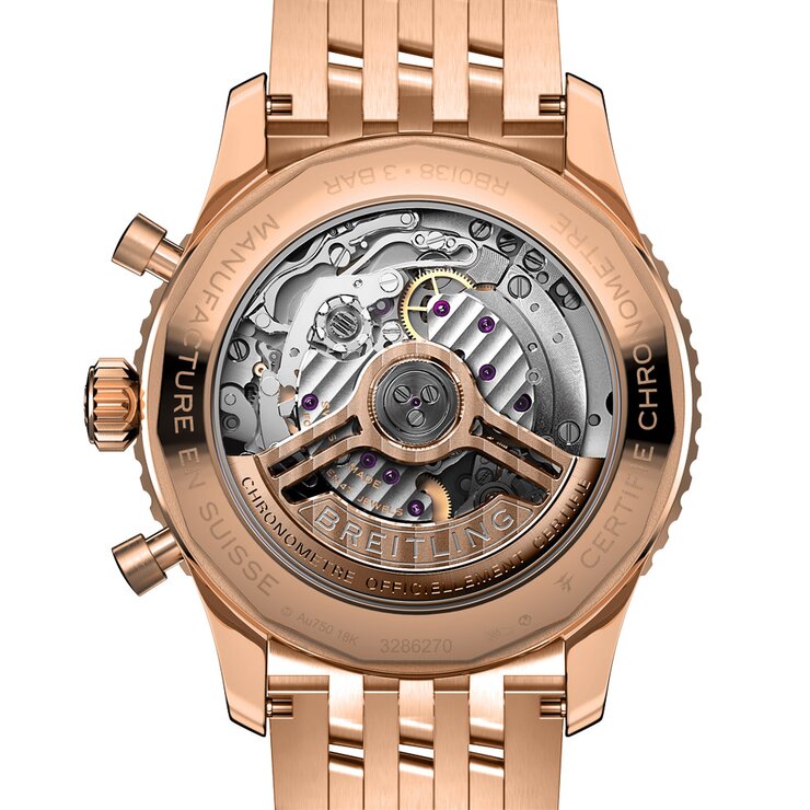 Breitling horloge met een kast in rosé goud, met een wijzerplaat in het zwart en een diameter van 43