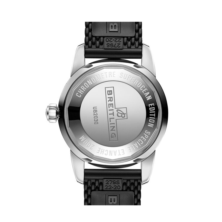 Breitling horloge met een kast in rosé goud op staal, met een wijzerplaat in het zwart en een diameter van 44