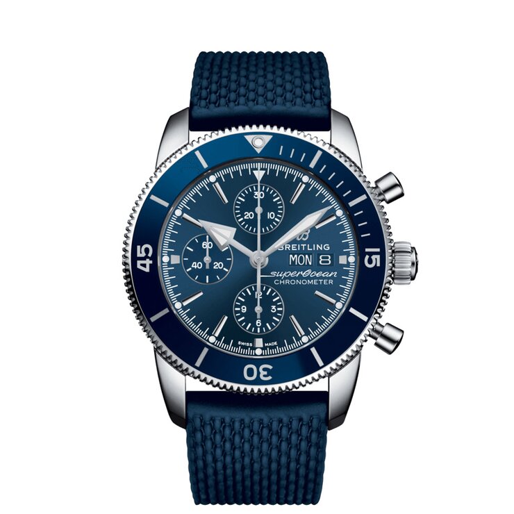 montre Breitling avec un boîtier en acier, un cadran bleu et un diamètre de 44