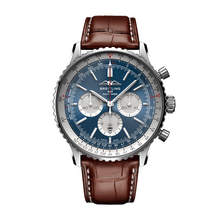 Breitling horloge met een kast in staal, met een wijzerplaat in het blauw en een diameter van 46