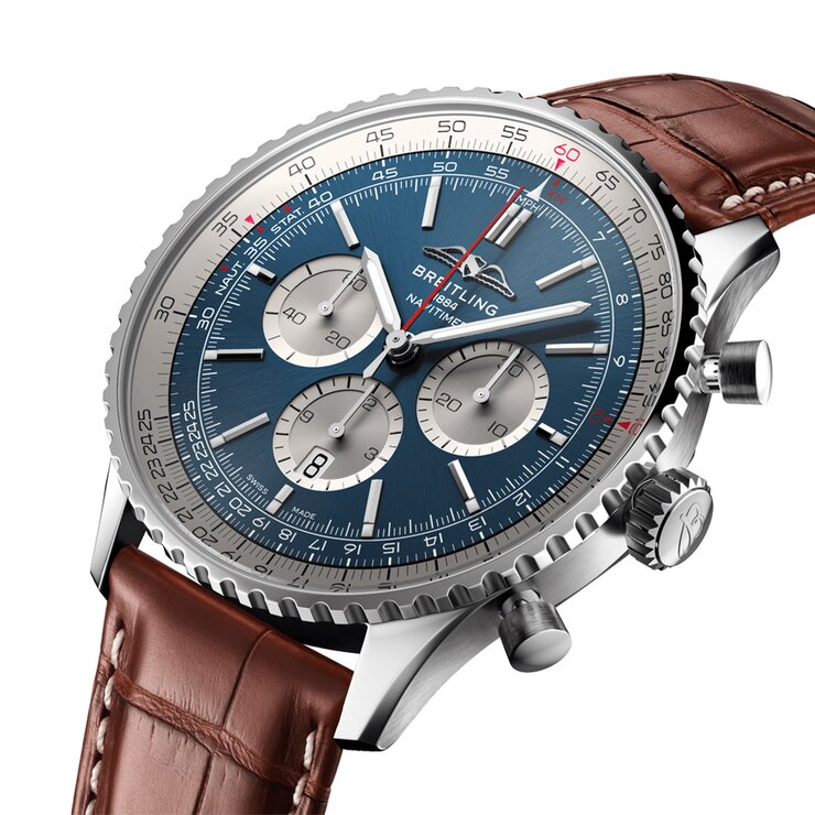 Breitling horloge met een kast in staal, met een wijzerplaat in het blauw en een diameter van 46
