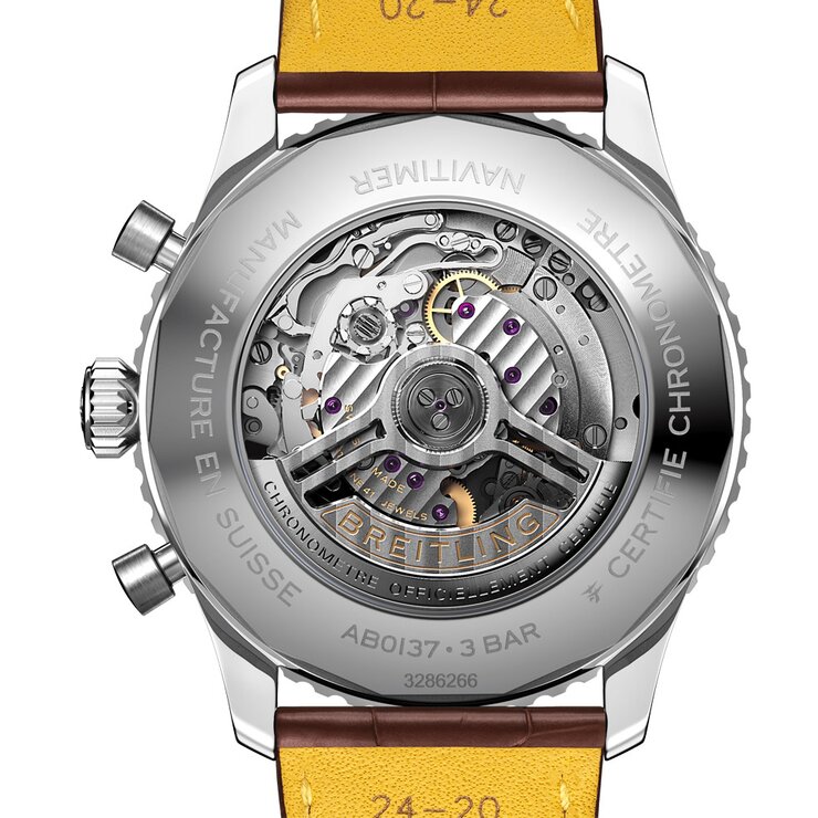 Breitling horloge met een kast in staal, met een wijzerplaat in het blauw en een diameter van 46