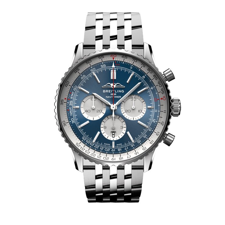 Breitling horloge met een kast in staal, met een wijzerplaat in het blauw en een diameter van 46