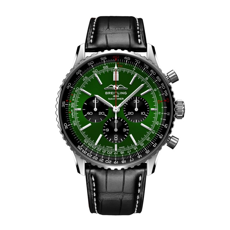 Breitling horloge met een kast in staal, met een wijzerplaat in het groen en een diameter van 46 mm