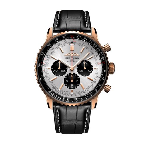 Breitling horloge met een kast in rosé goud, met een wijzerplaat in het zilver en een diameter van 46 mm