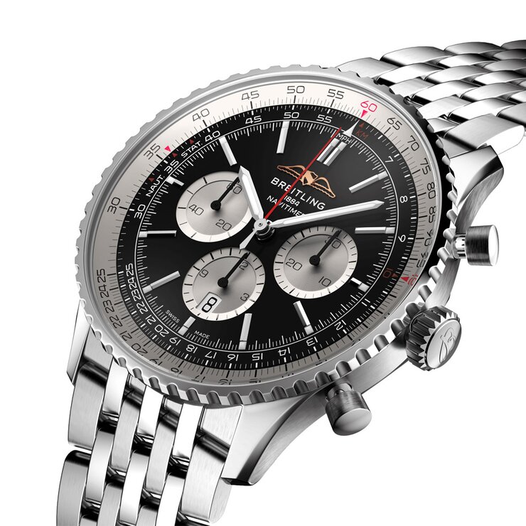 Breitling horloge met een kast in staal, met een wijzerplaat in het zwart en een diameter van 46 mm
