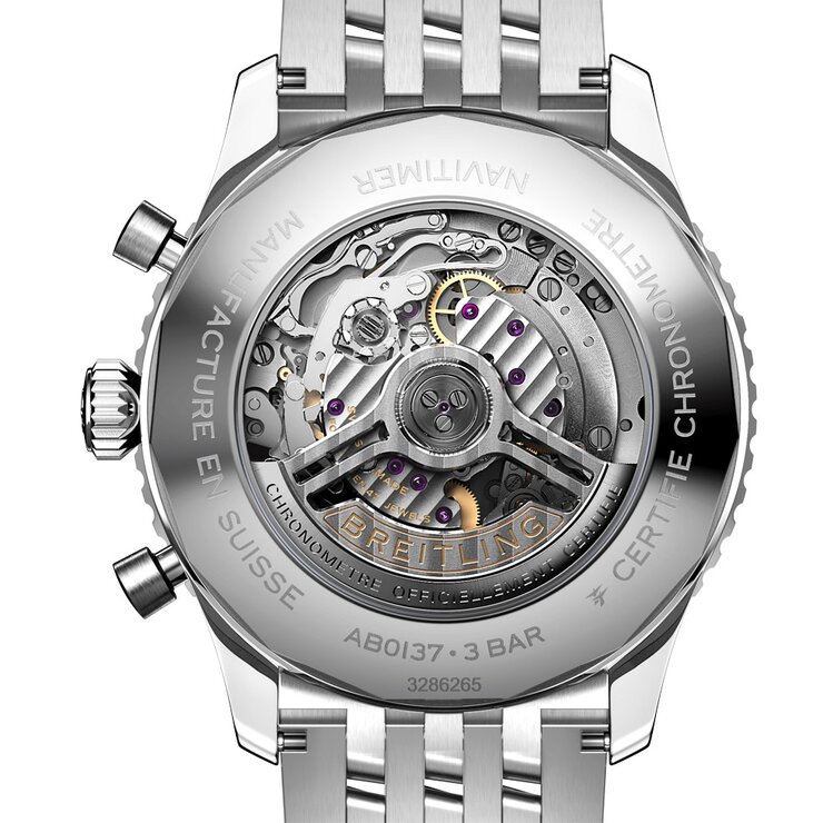 Breitling horloge met een kast in staal, met een wijzerplaat in het zwart en een diameter van 46 mm