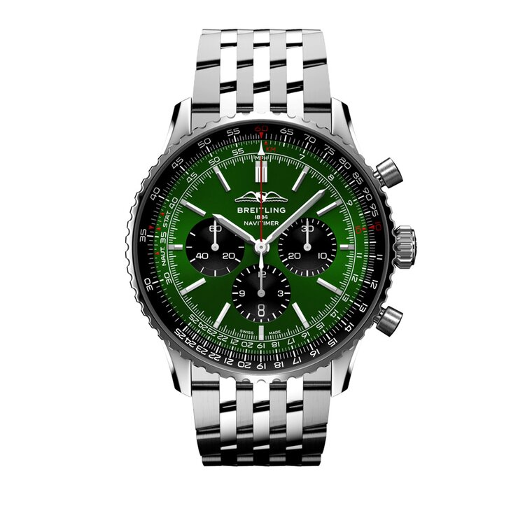 Breitling horloge met een kast in staal, met een wijzerplaat in het groen en een diameter van 46