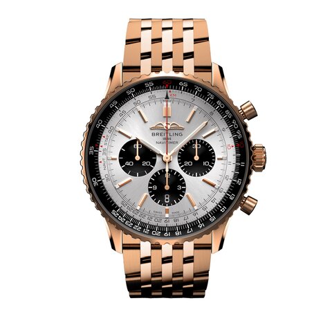 Breitling horloge met een kast in rosé goud, met een wijzerplaat in het zilver en een diameter van 46 mm