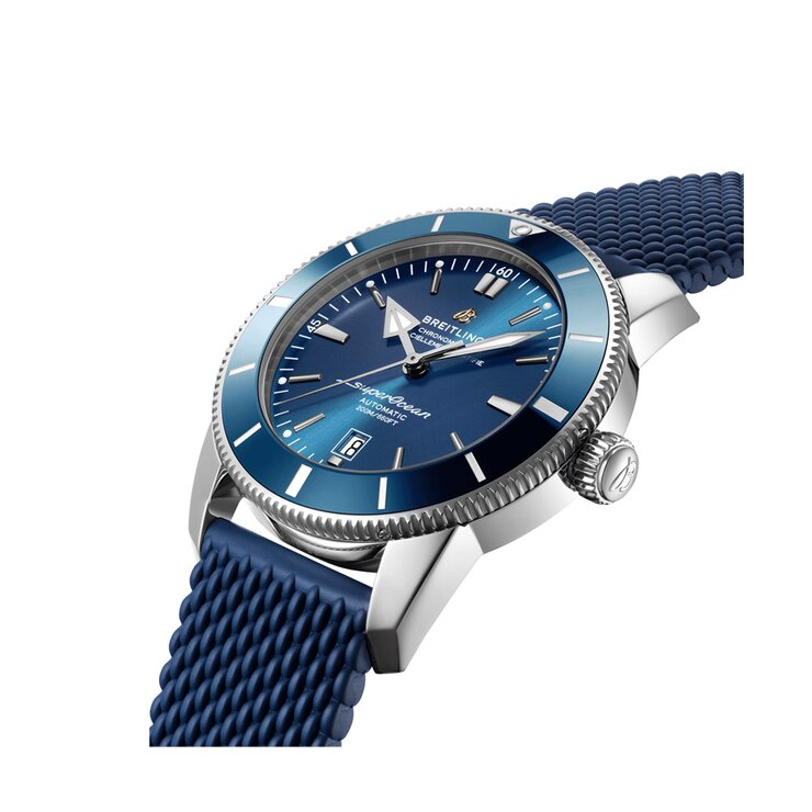 Breitling horloge met een kast in staal, met een wijzerplaat in het blauw en een diameter van 46 mm