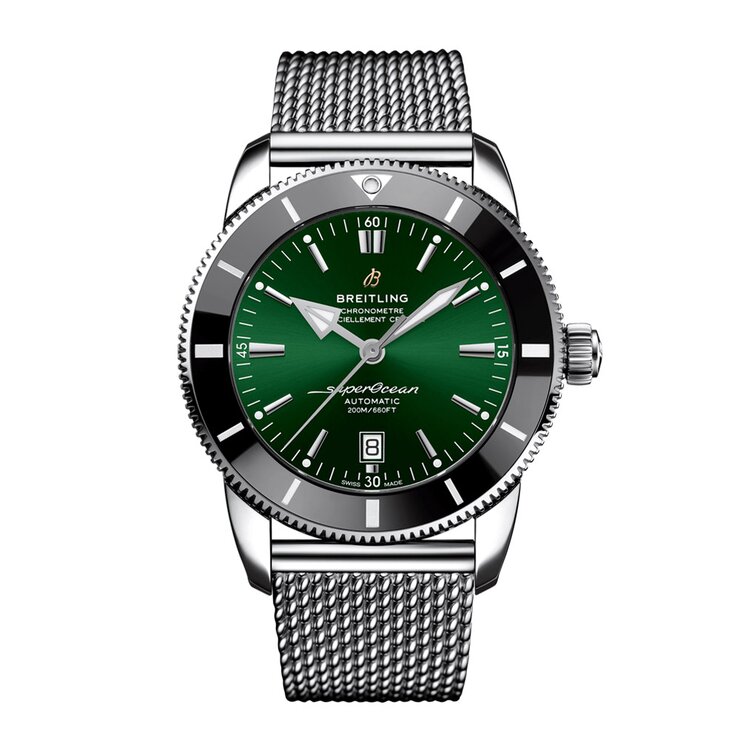Breitling horloge met een kast in staal, met een wijzerplaat in het groen en een diameter van 46 mm