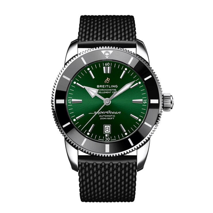 Breitling horloge met een kast in staal, met een wijzerplaat in het groen en een diameter van 46