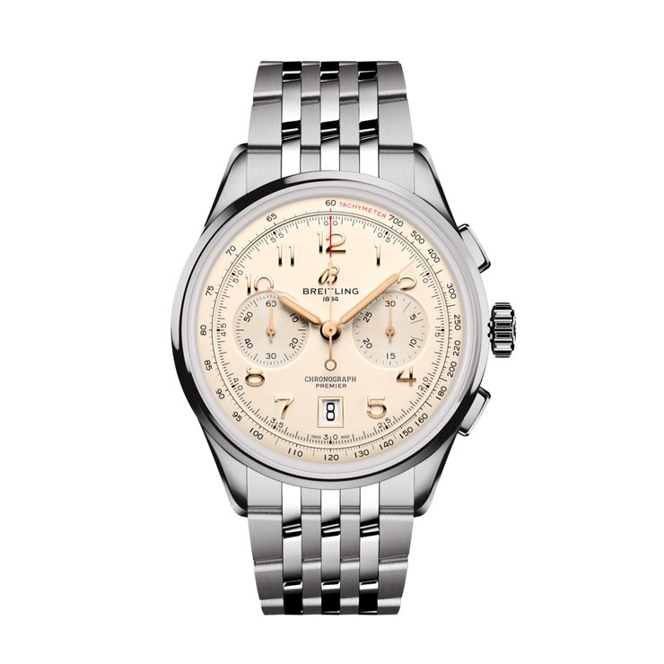montre Breitling avec un boîtier en acier, un cadran beige et un diamètre de 42