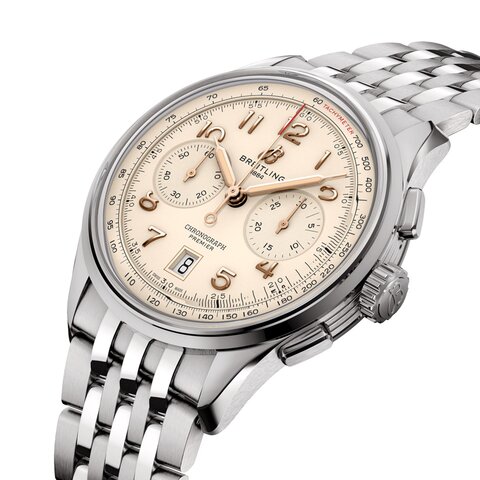 Breitling horloge met een kast in staal, met een wijzerplaat in het beige en een diameter van 42 mm